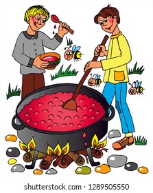 2 boys are making raspberry jam outside in the grass. Colored vector for card or gift. 