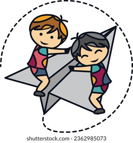 2 boys on the big paper plane, kids motivation, concept, children caring, school, creativity, art, cute boys