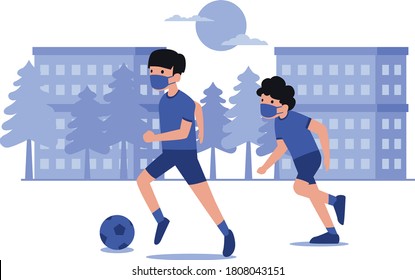 2 boys are playing football together at school yard together illustration