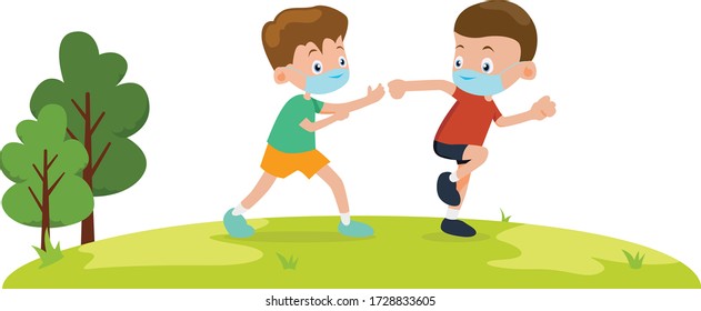 2 boys are playing tag together outside while using medical mask