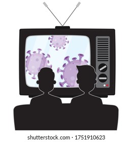 2 boys are sitting on sofa and watching the news about covid-19 or corona virus from TV while stay at home