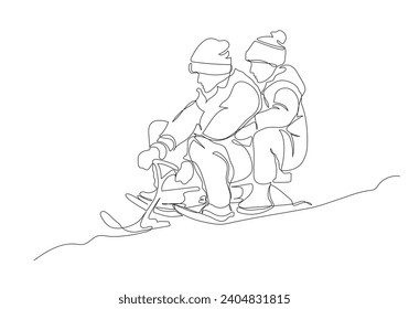 2 boys sliding downhill with 3 ski children snow scooter in winter season. Continuous line drawing. Black and white vector illustration in line art style.