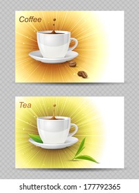 2 bright cards with coffee and tea cups