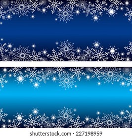 2 bright horizontal blue banners with snowflakes and stars for a winter or Christmas design