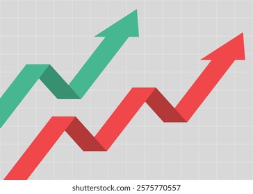 2 business arrow graph rising up consistently with grey background and grid represents business growth and trading profits flat design