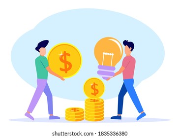 2 business men work together to exchange ideas and money to build their business. Starting and looking for investment concepts. Business angels invest in innovative ideas. Vector illustration.