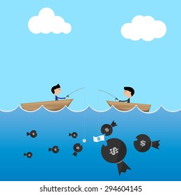 2 businessman in boat use big and small dollar bait to catch money business concept Vector