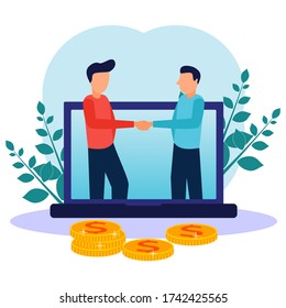 2 businessmen shaking hands on large laptop. Online business, agreements, profits, cooperation and agreements, vector illustration of long distance concepts.