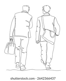 2 businessmen talking and walking away. Wear suits, holding notebook bags. Back view. Continuous line drawing. Black and white vector in line art style.