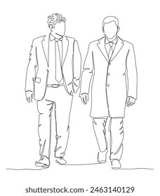 2 businessmen talking and walking. Wear suit with ties and coat. Continuous line drawing. Black and white vector illustration in line art style.