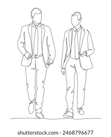 2 businessmen talking and walking. Wear suits, tie. Continuous line drawing. Black and white vector illustration in line art style.