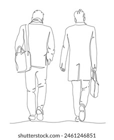 2 businessmen walking away. Holding bags. Wear suit with scarf and coat on cold day. Rear view. Continuous line drawing. Black and white vector illustration in line art style.