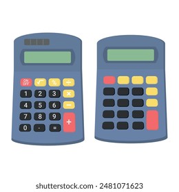 2 Calculators, Versions With and Without Numbers - Vector Illustrations in Flat Design. Blue with Black, Yellow and Red Buttons.