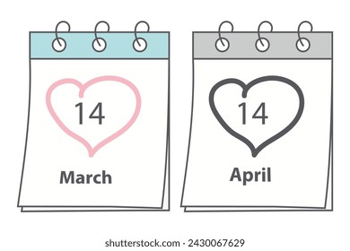 2 Calendar page with date 14 March White Day and 14 April Black Day with heart shape stroke by hand