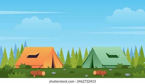 2 Campingzelte im Wald. Sommerlandschaft-Illustration zum Camping oder Wandern, sonniger Tag mit ein paar Zelten, Bergen und einem Wald. Geeignet für Camping Event Plakate, Banner und andere