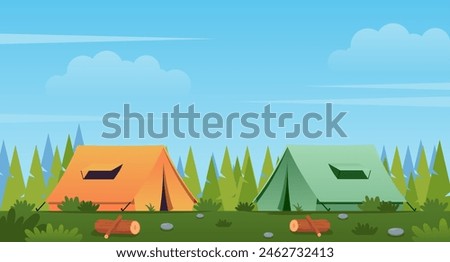 2 camping tentsin the forest. Summer landscape illustration for camping or hiking. sunny day with a couple of tents, mountains, and a forest. Suitable for camping event posters, banners and other