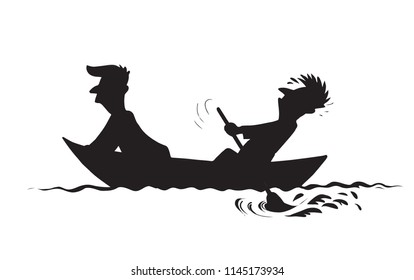 2 candid guy figure trip in old small wooden ski skiff isolated on white lake background. Darke black ink drawn logo sketch in art retro contour print style. Side view with space for text on sky