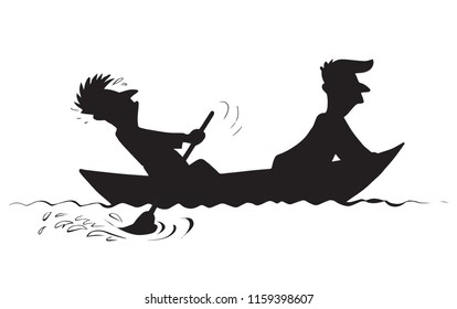 2 candid guy figure trip in old small wooden ski skiff isolated on white lake background. Darke black ink drawn logo sketch in art retro contour print style. Side view with space for text on sky