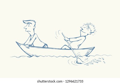 2 candid guy figure trip in old small wooden ski skiff isolated on white lake background. Freehand line black ink drawn picture logo sketchy in art retro doodle comic style pen on paper space for text