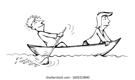2 candid guy figure trip in old small wooden ski skiff isolated on white lake background. Freehand line black ink drawn picture logo sketchy in art retro doodle comic style pen on paper space for text