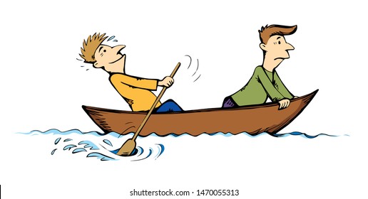 2 candid guys figure trip in old small wood ski skiff isolated on white lake background. Bright color drawn together teamwork sketch in art retro doodle comic style. Side view on text  space on sky