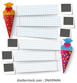 2 candy cones with 6 school paper banners.  Eps 10 vector file.