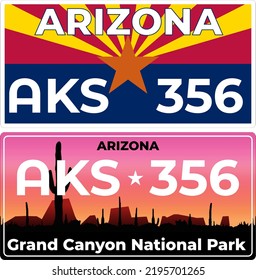 2 car license plates marking for Arizona in the United States. Vehicle license numbers of different American states. Vintage print for t-shirt graphics, sticker and poster