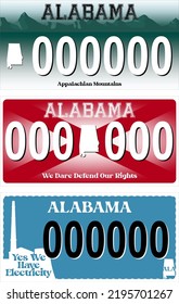 2 car license plates marking for Alabama in the United States. Vehicle license numbers of different American states. Vintage print for t-shirt graphics, sticker and poster