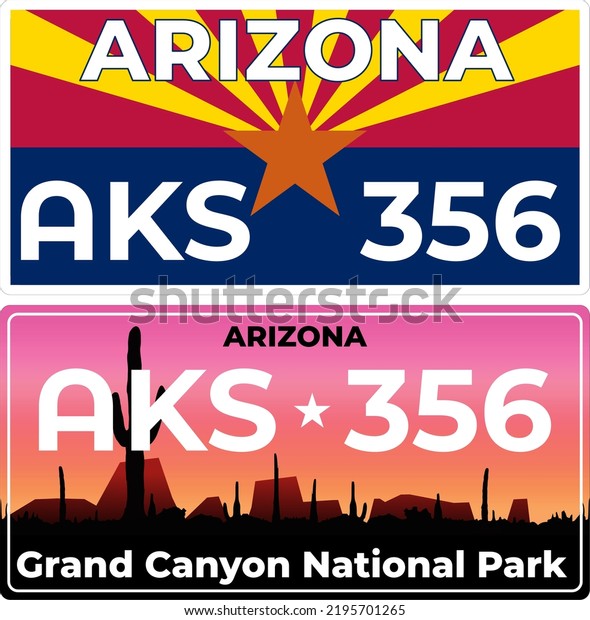 2 car license\
plates marking for Arizona in the United States. Vehicle license\
numbers of different American states. Vintage print for t-shirt\
graphics, sticker and poster