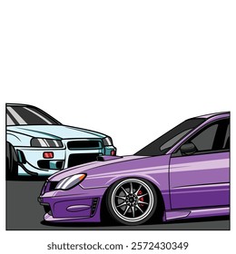 2 cars jdm japanese automotive illustration, drift car, parking car. car modification drawing