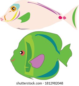 2 cartoon colored fish, beautiful, cartoons.