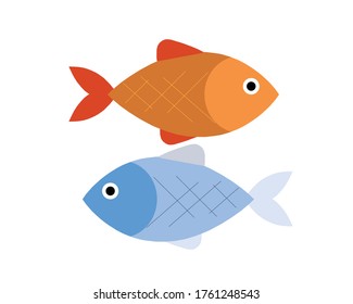 2 cartoon colored fish icons, bright, beautiful, cartoons, similar drawings, 2 different colors, different moods. Flat aquarium fish icon for your design. Illustration isolated from the background.