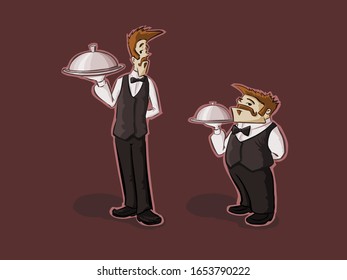 2 cartoony waiters with mustaches standing, ready to serve food