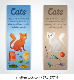 2 Cat banners with different cat stuff. Vector illustration.