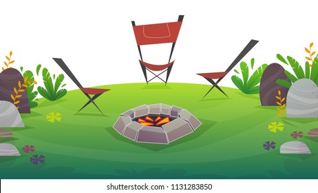 2 chairs camping with barbeque food picnick , waterlemon , grapes . tourism weekend at green grass field , nature plants . beautiful cheerful cartoon style , vector background isolated on white
