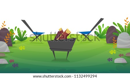 2 chairs camping with barbeque food picnick , waterlemon , grapes . tourism weekend at green grass field , nature plants . beautiful cheerful cartoon style , vector background isolated on white