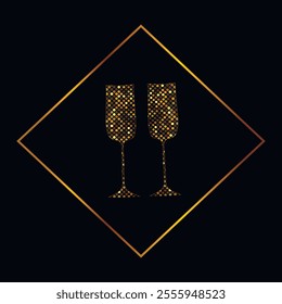 2 champagne glasses isolated on black background Golden glasses, decorative texture. Template, logo, sign, poster, advertisement. Digital flat vector