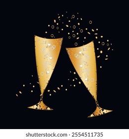 2 champagne glasses toast isolated on black background. Golden glasses, decorative texture.Template, logo, sign, advertising. Digital flat vector illustration