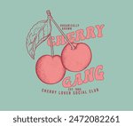 2 cherry with leaf vector art, retro vintage cherry fruit design for graphic print, t shirt, poster, cherry gang typography artwork 