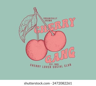 2 cherry with leaf vector art, retro vintage cherry fruit design for graphic print, t shirt, poster, cherry gang typography artwork 