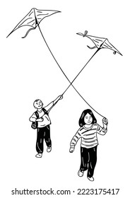 2 children playing a kite
hand drawn art illustration