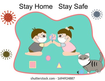 2 children are sharing lollipops to each other and playing in their house on white background for stay home stay safe social distancing and self quarantine prevention from COVID19  