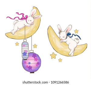 2 children's motifs with cute sleeping bunnies on Moon