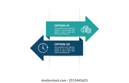 2 opções entre dinheiro e tempo na administração de uma empresa. Modelo de design de seta infográfica. Apresentação de negócios, planejamento, estratégia, trabalho, vida, equilíbrio e comparação. Ilustração vetorial.