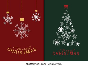 2 Christmas card celebration. Snow flakes tree elements on red  and green background. Christmas gift card. Vector art