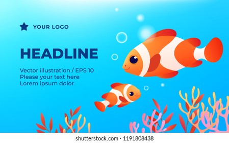 2 clown fish - advertising banner, left text. Design for aquarium - colored fishes collection, vector illustration. 