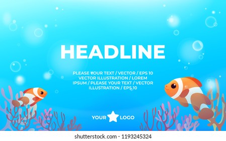 2 clown fish - advertising banner, text in center. Design for aquarium - colored fishes collection, horizontal banner, vector illustration. 