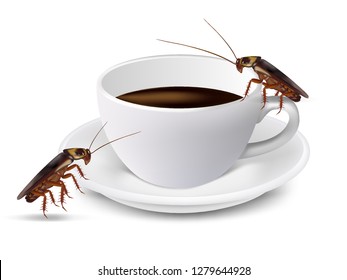 2 cockroaches are climbing up on a cup of coffee with Americano in full. Cockroaches bring germs to people. Must keep clean. vecter photo