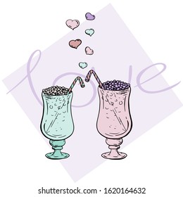 2 cocktails. Vector symbol drinks, love lettering, hearts, pastel gentel colors. Symbolizes the romance.  Easy to use for illustration.