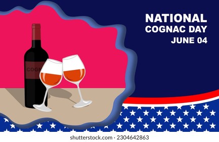 2 lentes de coñac y 1 botella de cognac sobre la mesa con marco abstracto y fondo de marco de patrón de bandera estadounidense y texto en negrita conmemorando el Día Nacional del Cognac el 4 de junio
